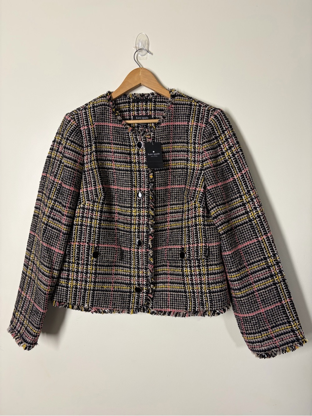Kate Spade NWT Plaid Tweed Jacket Size 12 Fringe Bouclé Black Pink Yellow